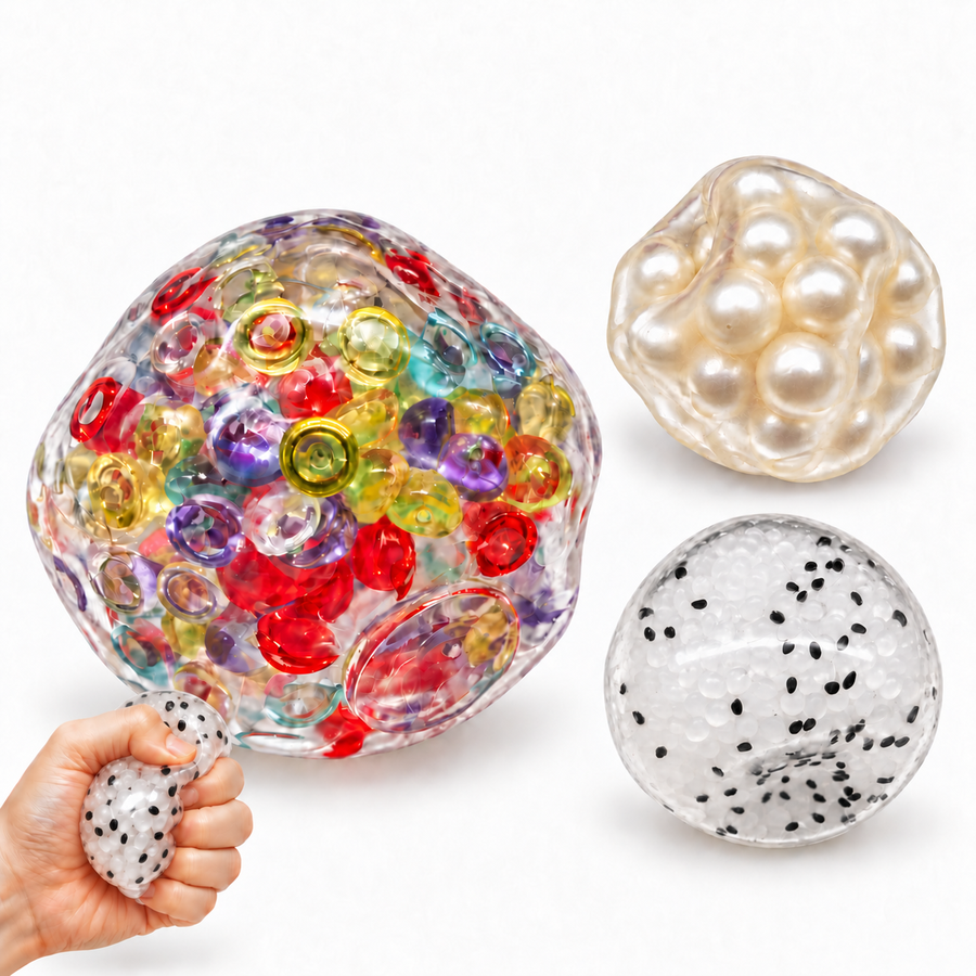 Squishy Stress Ball – Bead Filled Squeeze Ball for Stress Relief, Sensory Fidget Toy for Adults & Kids, 3 Styles
