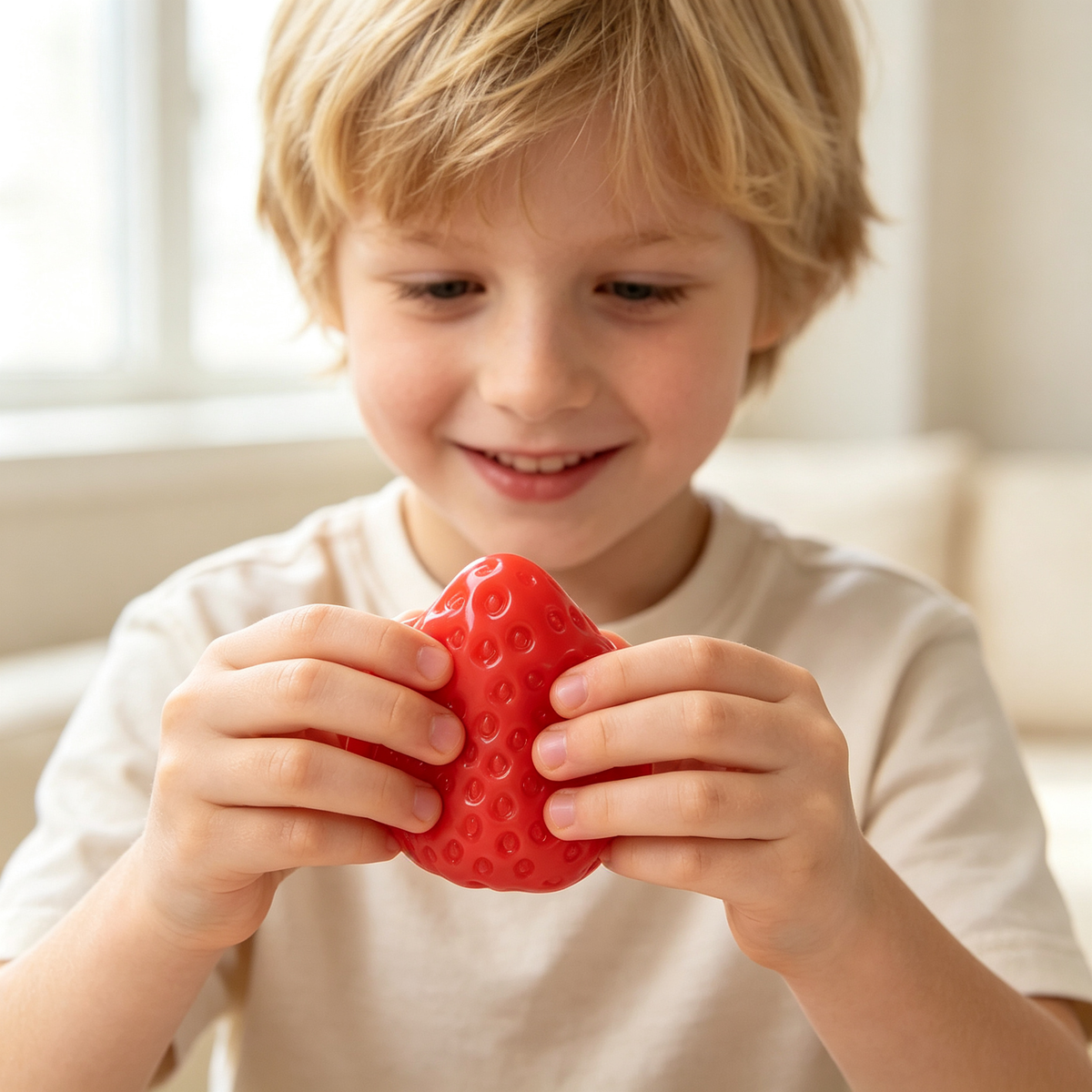 Strawberry Squishy Toy – Glossy Red Fruit Fidget for Stress Relief, Soft Squeeze Sensory Toy for Adults, Teens & Kids