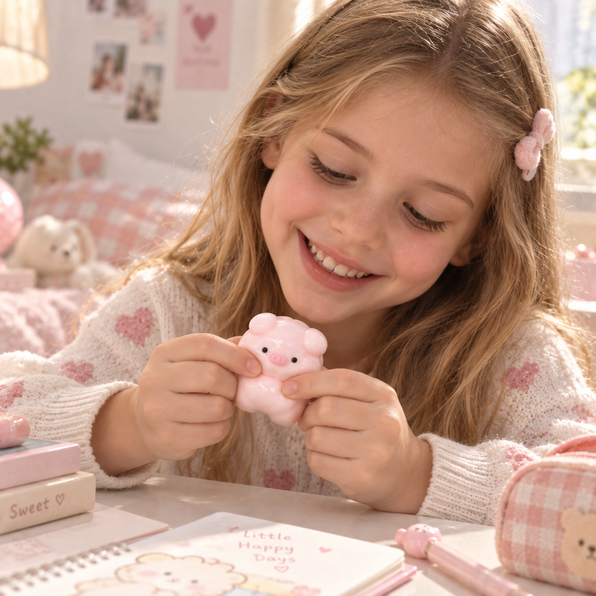 Kawaii Pink Pig Squishy – Cute Glossy Fidget Toy for Stress Relief, Soft Squeeze Sensory Desk Toy for Girls, Teens & Kids