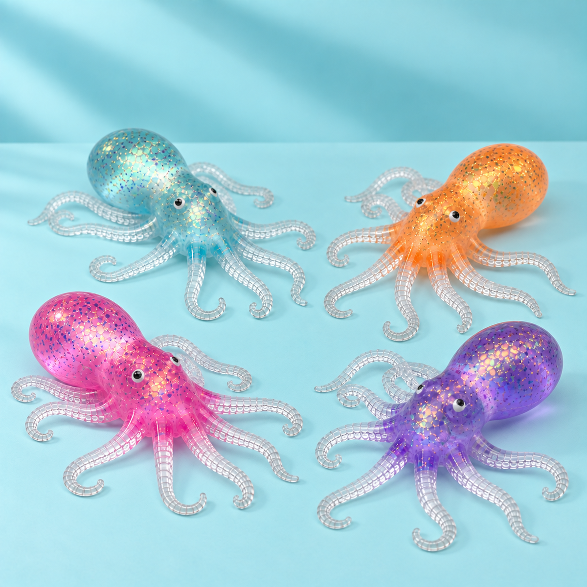 Octopus Squishy Toy – Glitter Sea Creature Fidget for Stress Relief, Holographic Squeeze Sensory Toy for Adults & Kids, 4 Colors