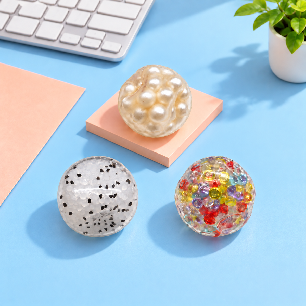 Squishy Stress Ball – Bead Filled Squeeze Ball for Stress Relief, Sensory Fidget Toy for Adults & Kids, 3 Styles