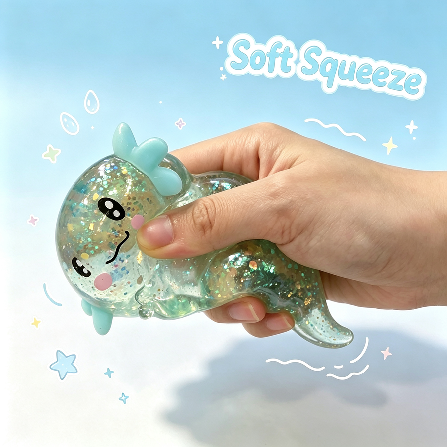 Axolotl Squishy Toy – Glitter Translucent Fidget for Stress Relief, Cute Salamander Squeeze Sensory Toy , Teens & Kids, 6 Colors