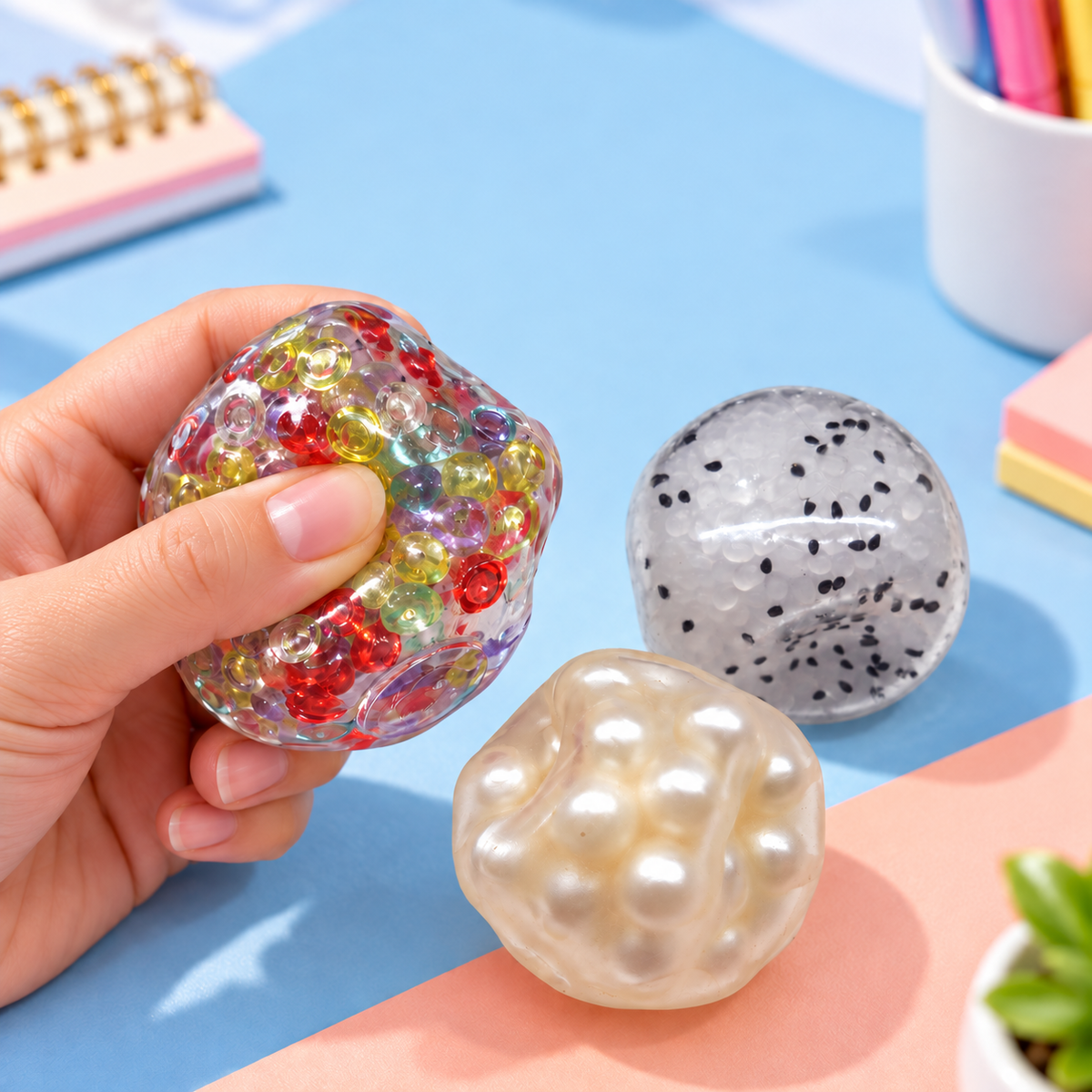 Squishy Stress Ball – Bead Filled Squeeze Ball for Stress Relief, Sensory Fidget Toy for Adults & Kids, 3 Styles