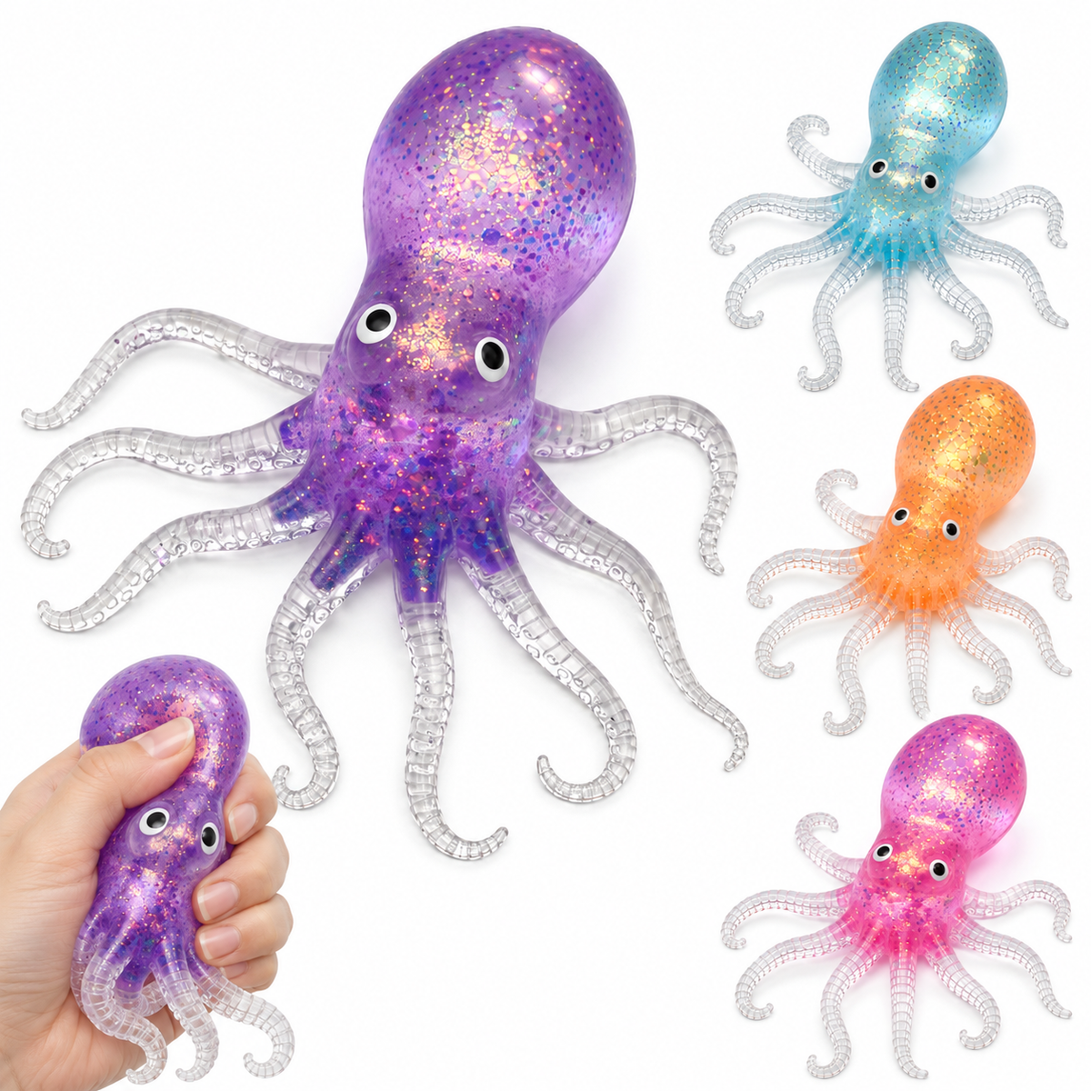 Octopus Squishy Toy – Glitter Sea Creature Fidget for Stress Relief, Holographic Squeeze Sensory Toy for Adults & Kids, 4 Colors