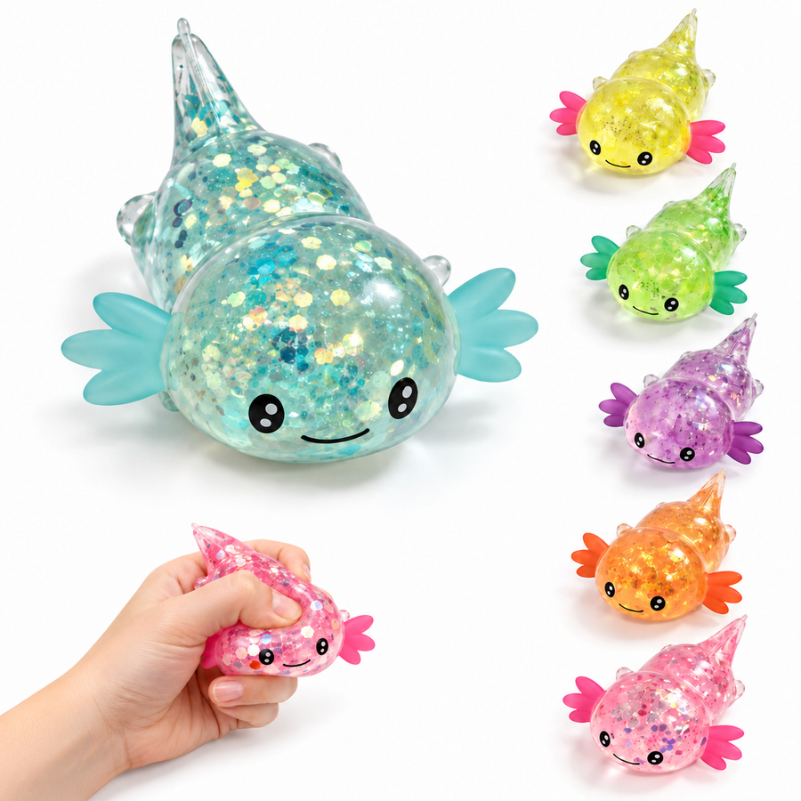 Axolotl Squishy Toy – Glitter Translucent Fidget for Stress Relief, Cute Salamander Squeeze Sensory Toy , Teens & Kids, 6 Colors