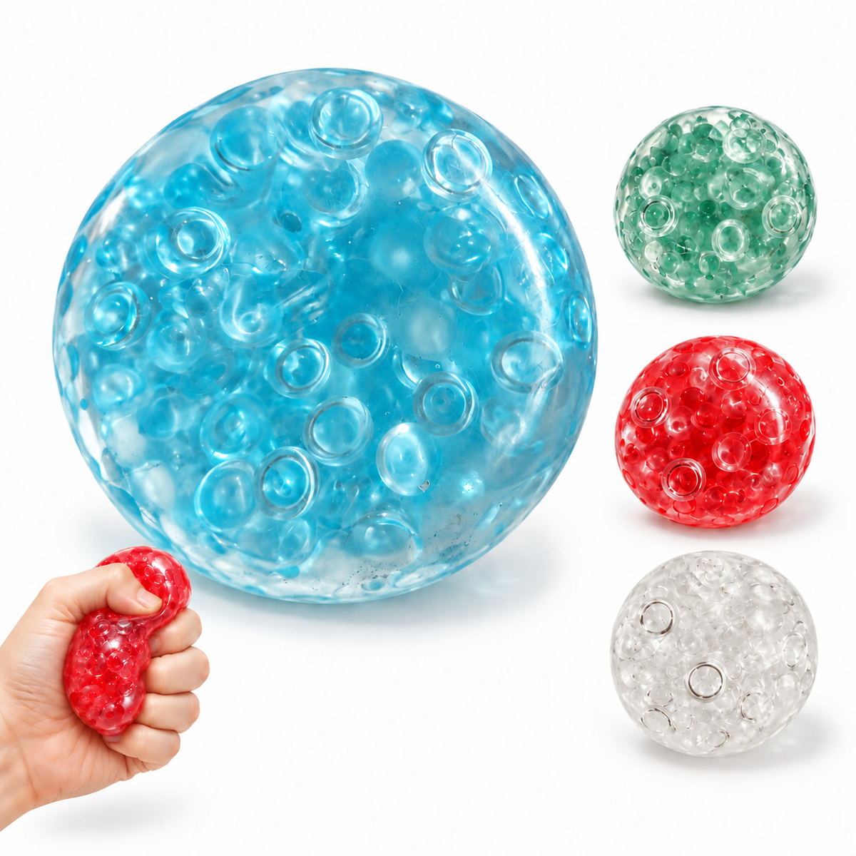 Textured Squishy Ball – Bumpy Bead Fidget for Stress Relief, Clear Sensory Squeeze Toy for Adults & Kids, 4 Colors