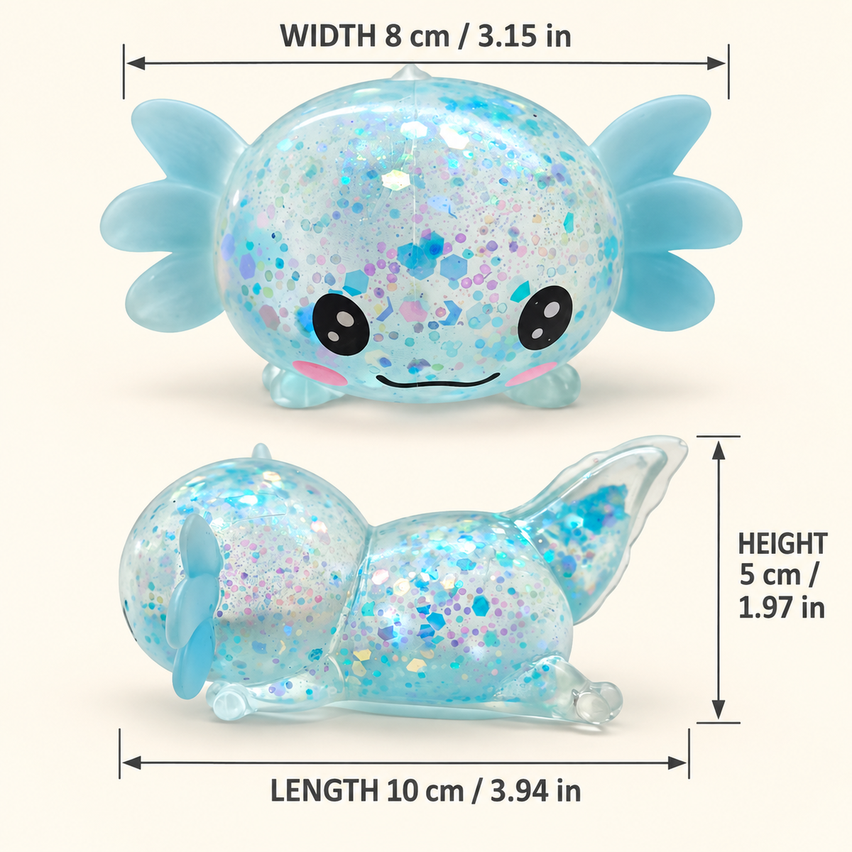 Axolotl Squishy Toy – Glitter Translucent Fidget for Stress Relief, Cute Salamander Squeeze Sensory Toy , Teens & Kids, 6 Colors