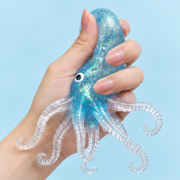 Octopus Squishy Toy – Glitter Sea Creature Fidget for Stress Relief, Holographic Squeeze Sensory Toy for Adults & Kids, 4 Colors