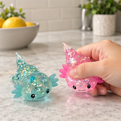 Axolotl Squishy Toy – Glitter Translucent Fidget for Stress Relief, Cute Salamander Squeeze Sensory Toy , Teens & Kids, 6 Colors