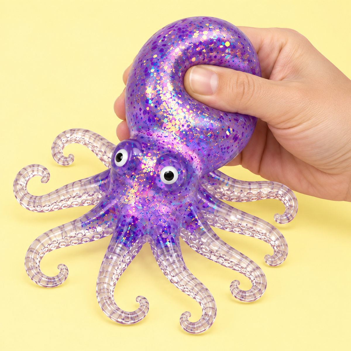 Octopus Squishy Toy – Glitter Sea Creature Fidget for Stress Relief, Holographic Squeeze Sensory Toy for Adults & Kids, 4 Colors