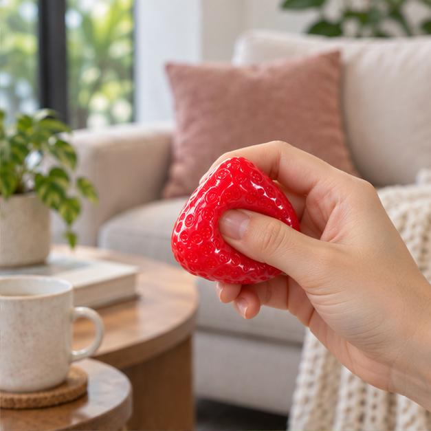Strawberry Squishy Toy – Glossy Red Fruit Fidget for Stress Relief, Soft Squeeze Sensory Toy for Adults, Teens & Kids